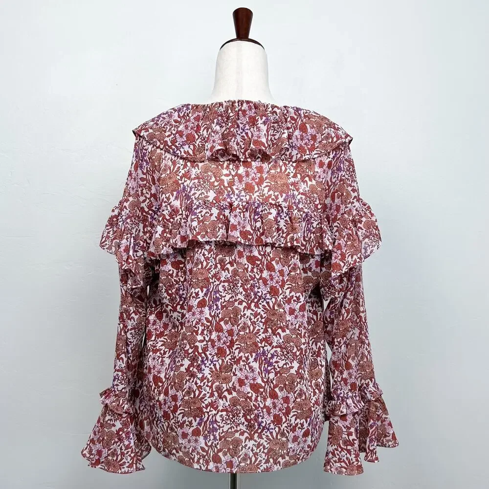 J. Crew Crinkle Chiffon Floral Fete Ruffle Bell Long Sleeve V-Neck Blouse MEDIUM - Picture 8 of 11